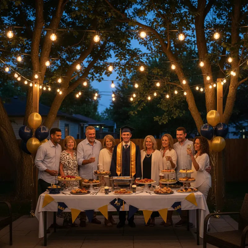 Graduation celebration with a person in a cap and gown standing at a table with food and drinks, surrounded by family and friends under string lights.