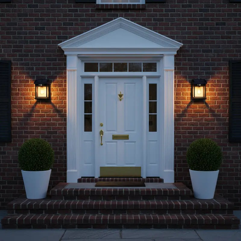White door with gold handle on a brick wall at night