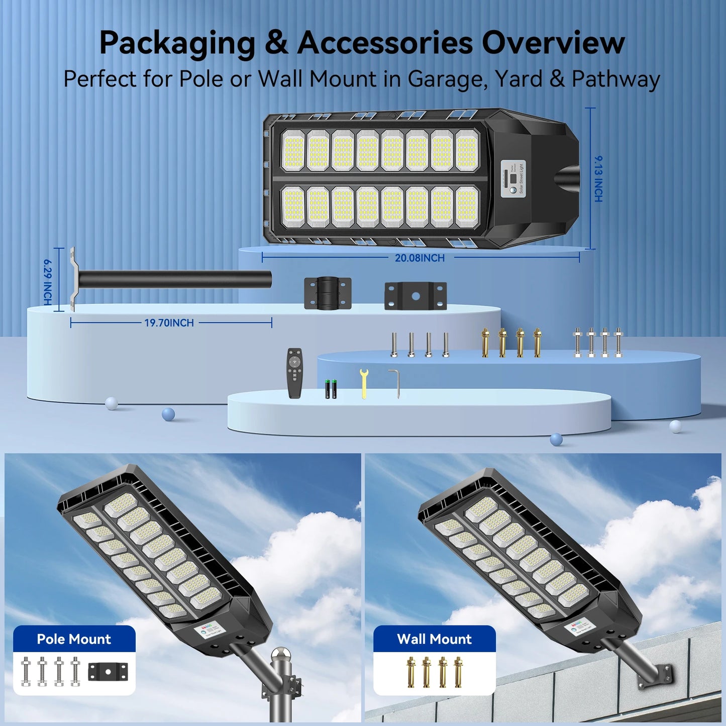 Solar LED Street Light with Motion Sensor for Driveways & Parking Areas – 9000mAh