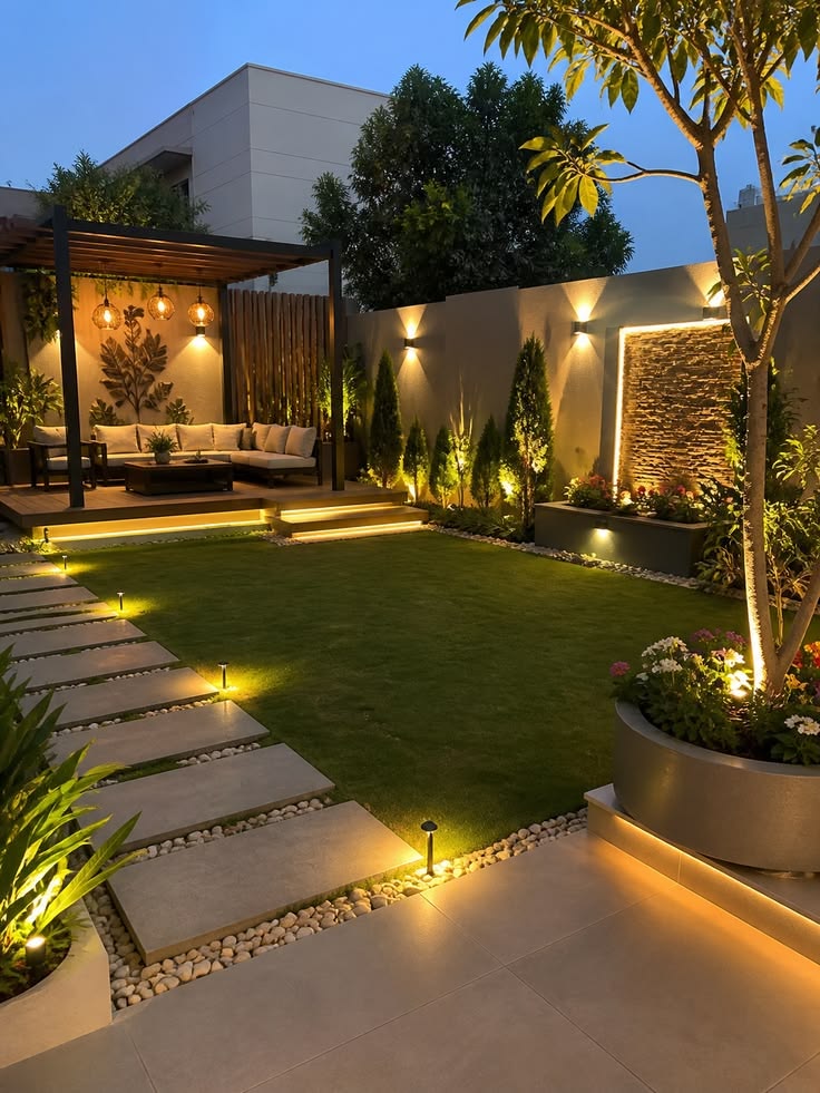 Solar lights installed along a backyard fence
