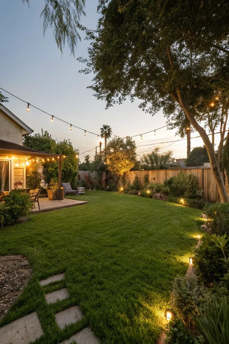 Cozy backyard with warm solar lighting after sunset