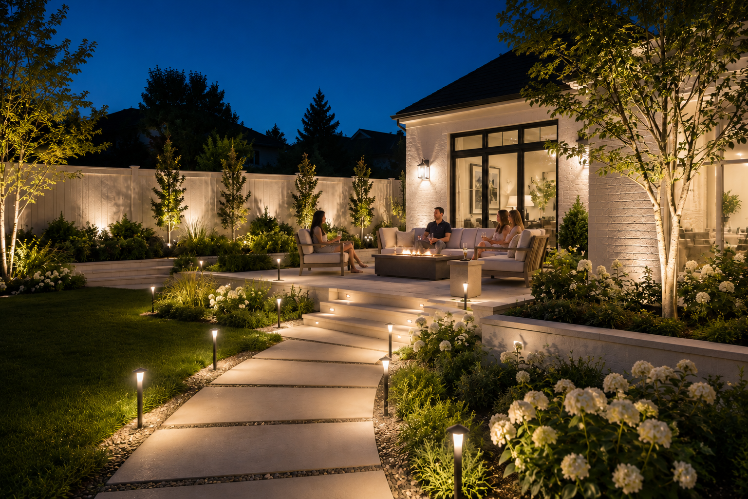 Patio glowing with warm solar outdoor lighting
