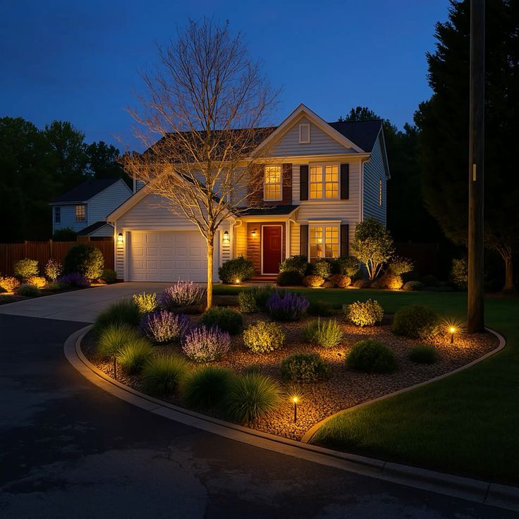 Solar walkway lights glowing softly in the evening