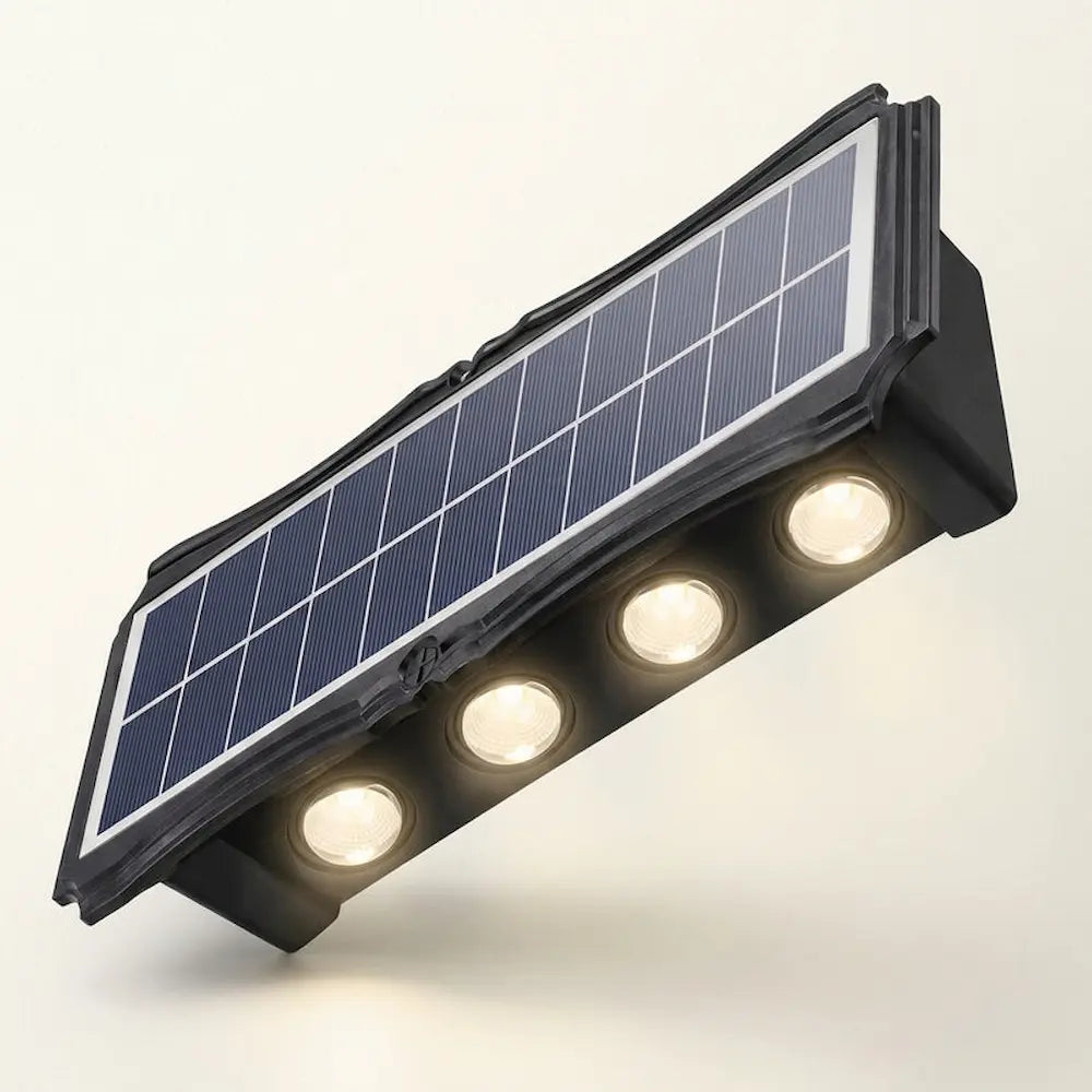 Solar-powered outdoor light fixture with four lights on a white background