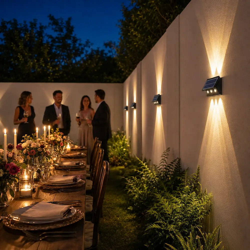 Dining setup with candles and people in a garden at night