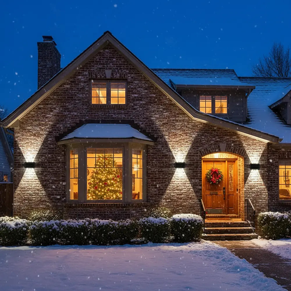 Brick house with snow on the ground and Christmas decorations, including a wreath and lights.