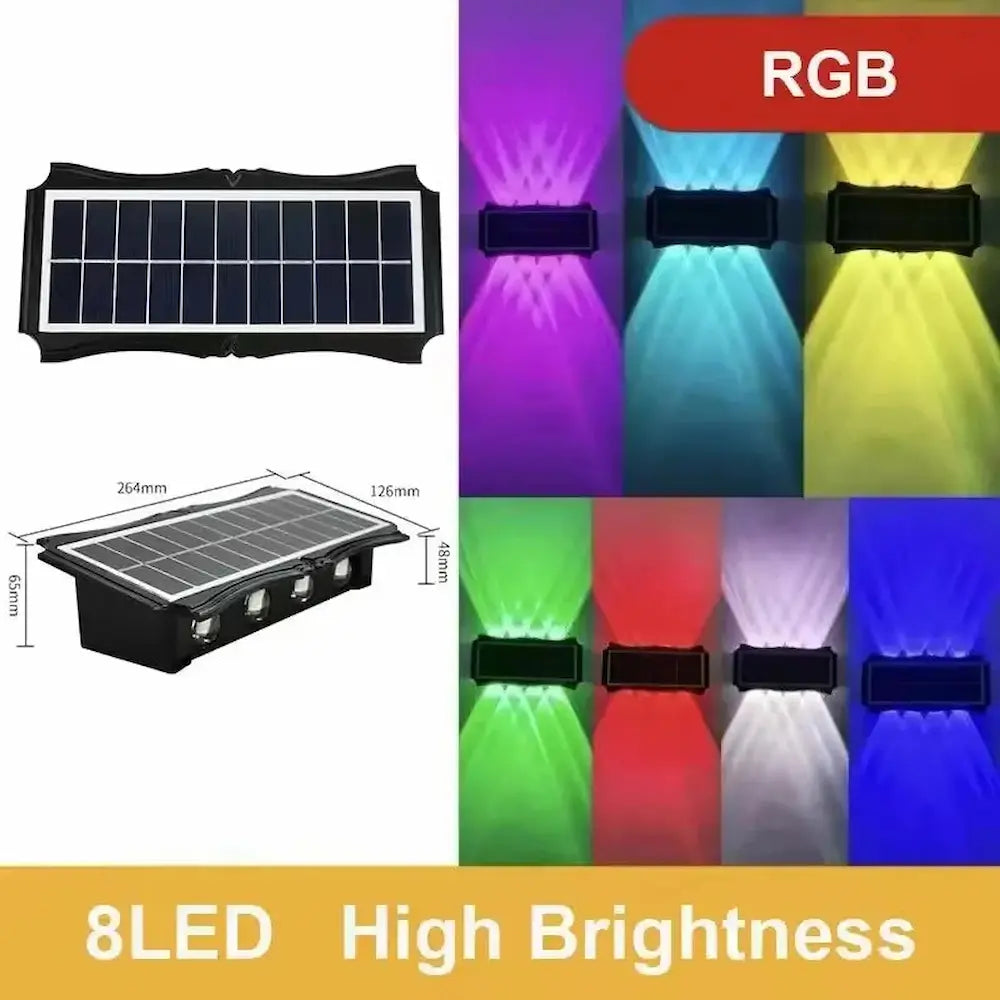 Solar panel light with RGB color changing capabilities and dimensions.