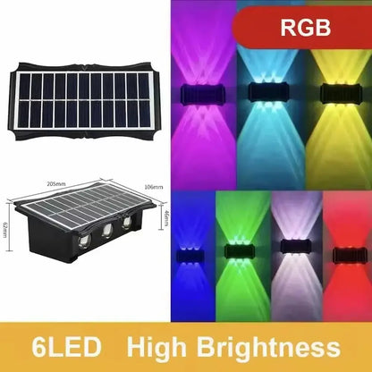 Solar panel light with RGB color options and dimensions displayed.