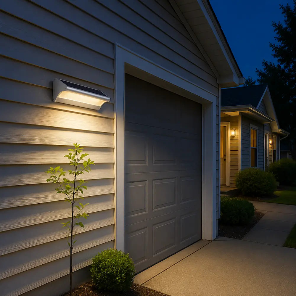 Garage door with a light fixture on a house exterior at night.