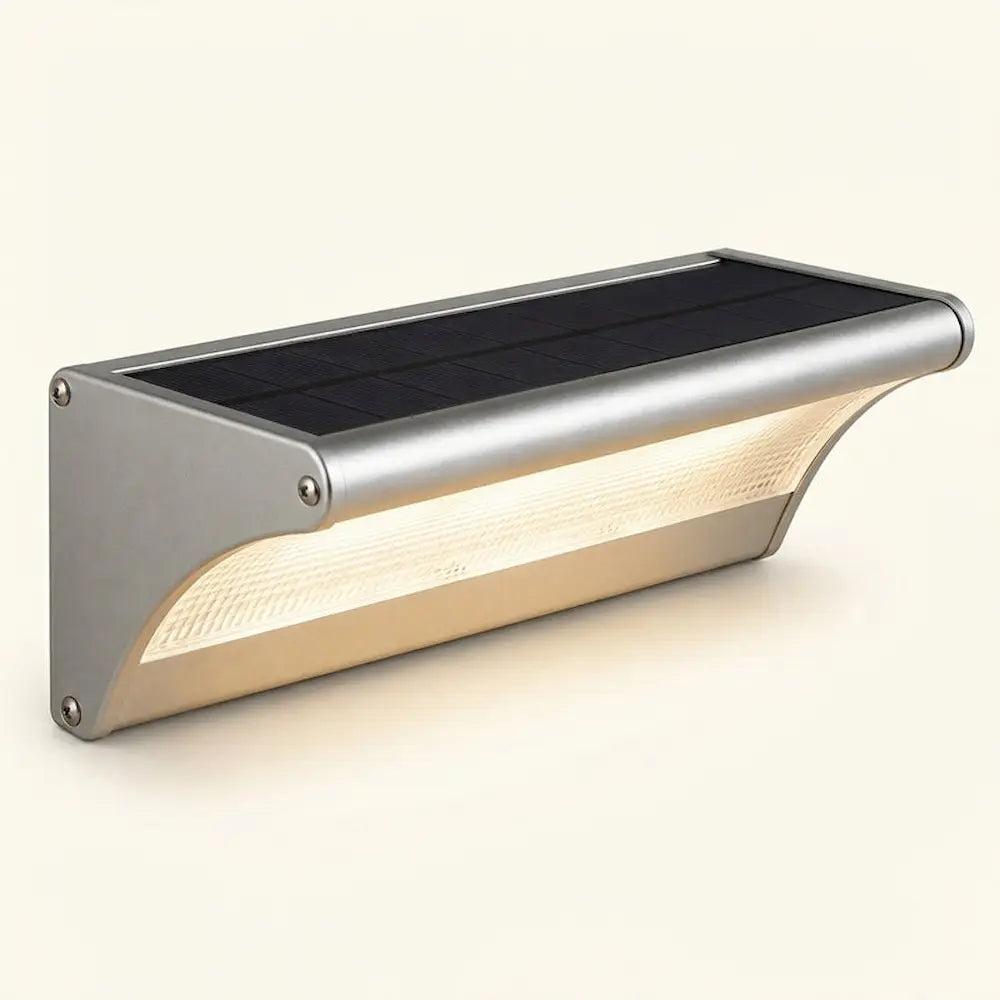 Solar-powered outdoor light fixture on a white background
