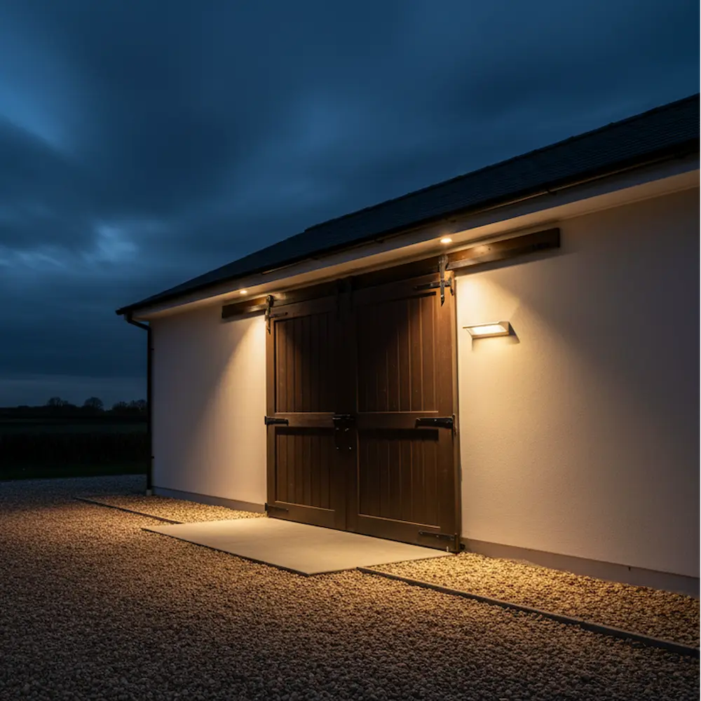 Stable door of a barn at night with lights on