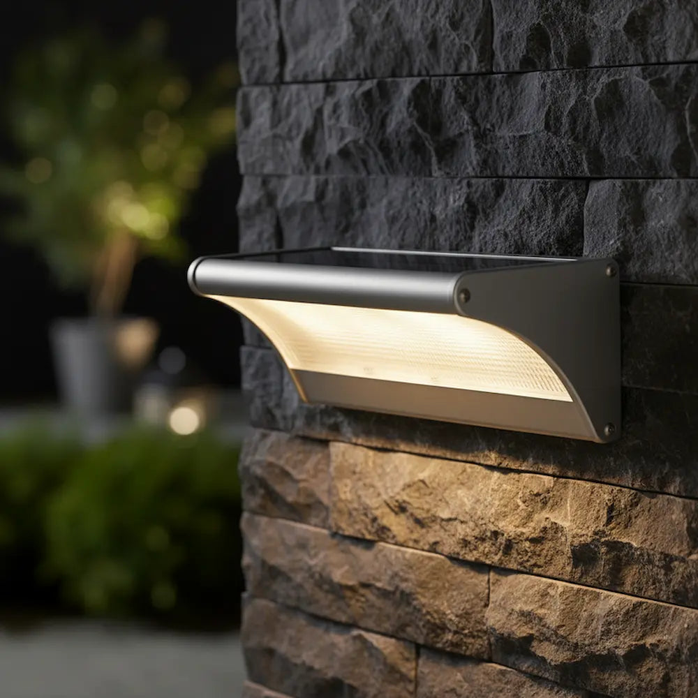 Solar wall light fixture on a stone wall with blurred greenery in the background