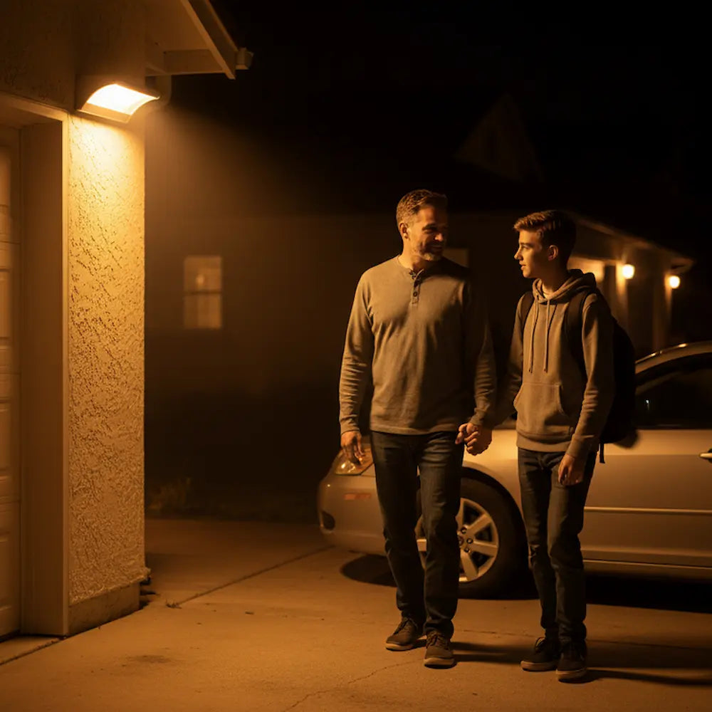 Two men standing outside a house at night, illuminated by streetlights.