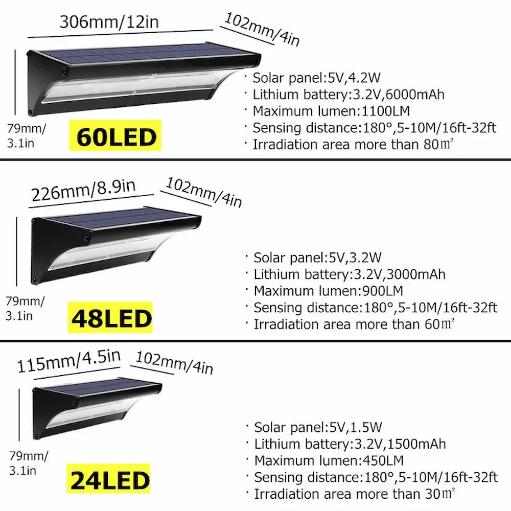 Technical specifications of solar-powered LED lights with dimensions and features listed.