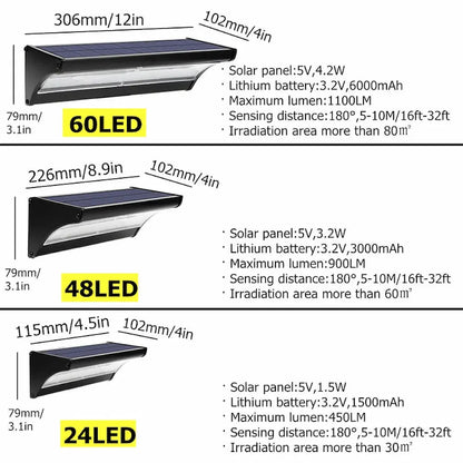 Technical specifications of solar-powered LED lights with dimensions and features listed.