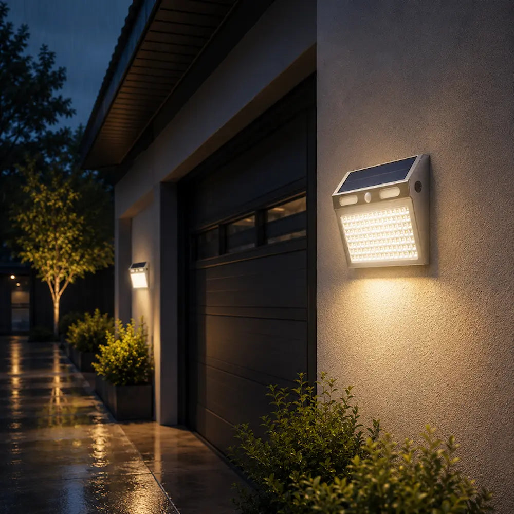 Solar-powered outdoor wall light fixture on a house exterior at night.