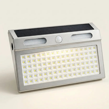 Solar-powered outdoor light with LED lights on a white background