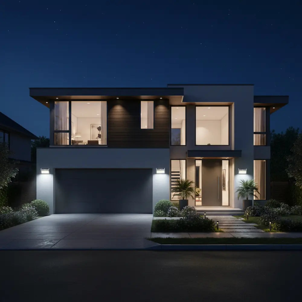 Modern house exterior at night with illuminated windows