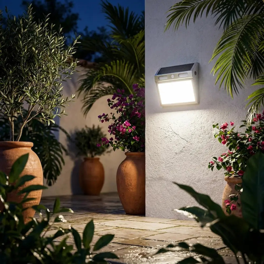 Solar-powered outdoor light fixture on a wall with potted plants and flowers in a garden setting.