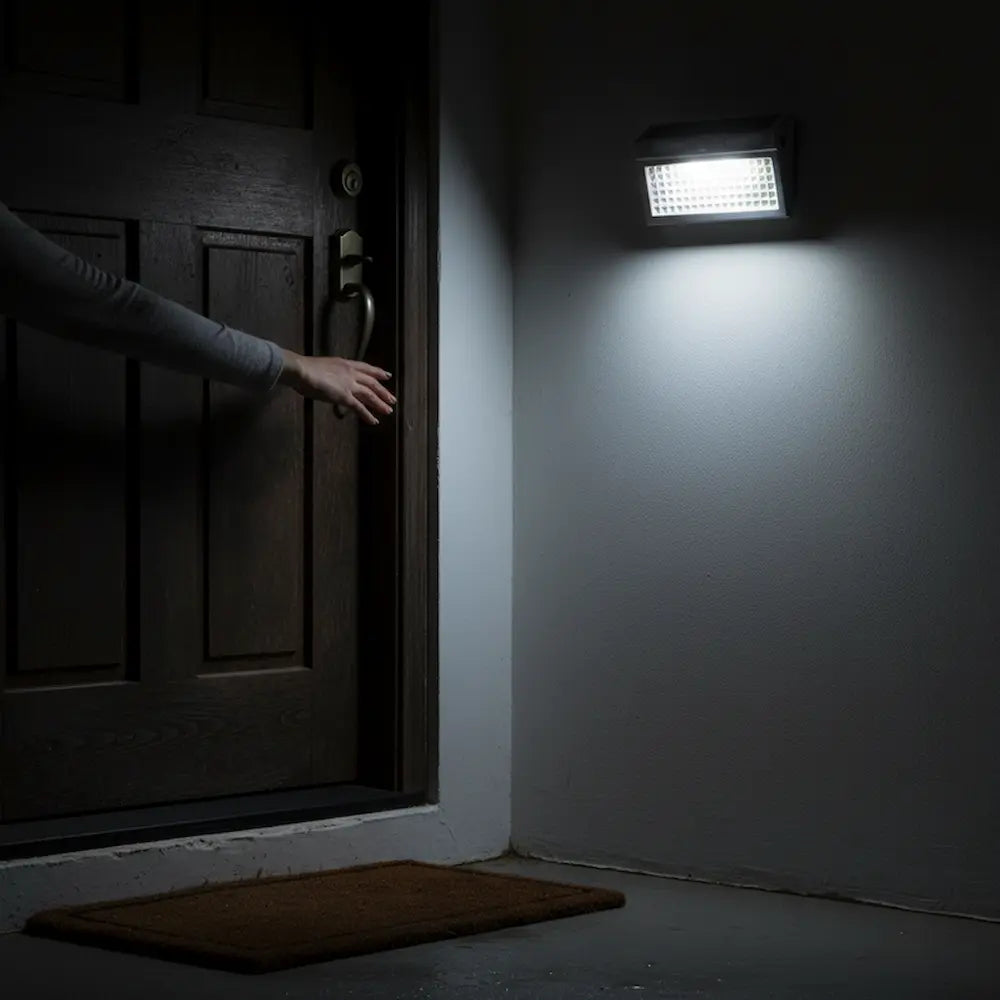 Person opening a door with a wall-mounted light illuminating the area.