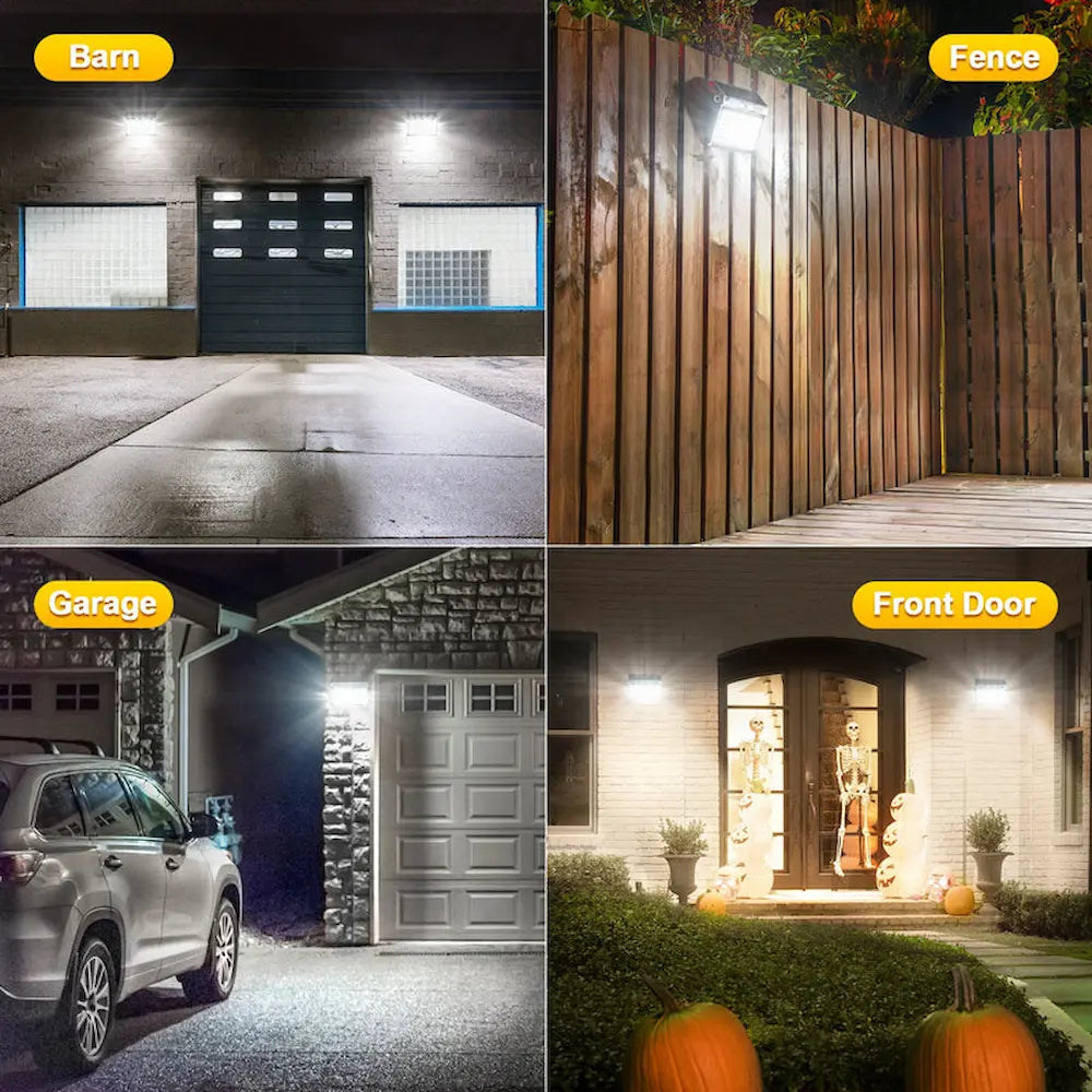 Collage of outdoor lighting fixtures on different parts of a house including a barn, fence, garage, and front door.