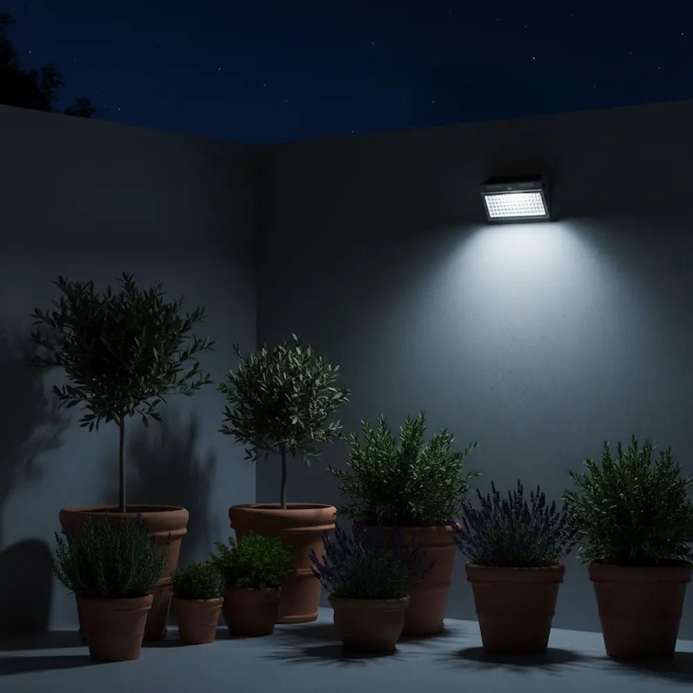 Potted plants under a wall-mounted light at night