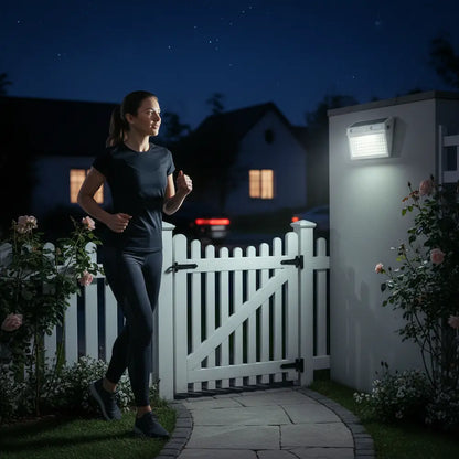 Person running at night with a security light on a house exterior.
