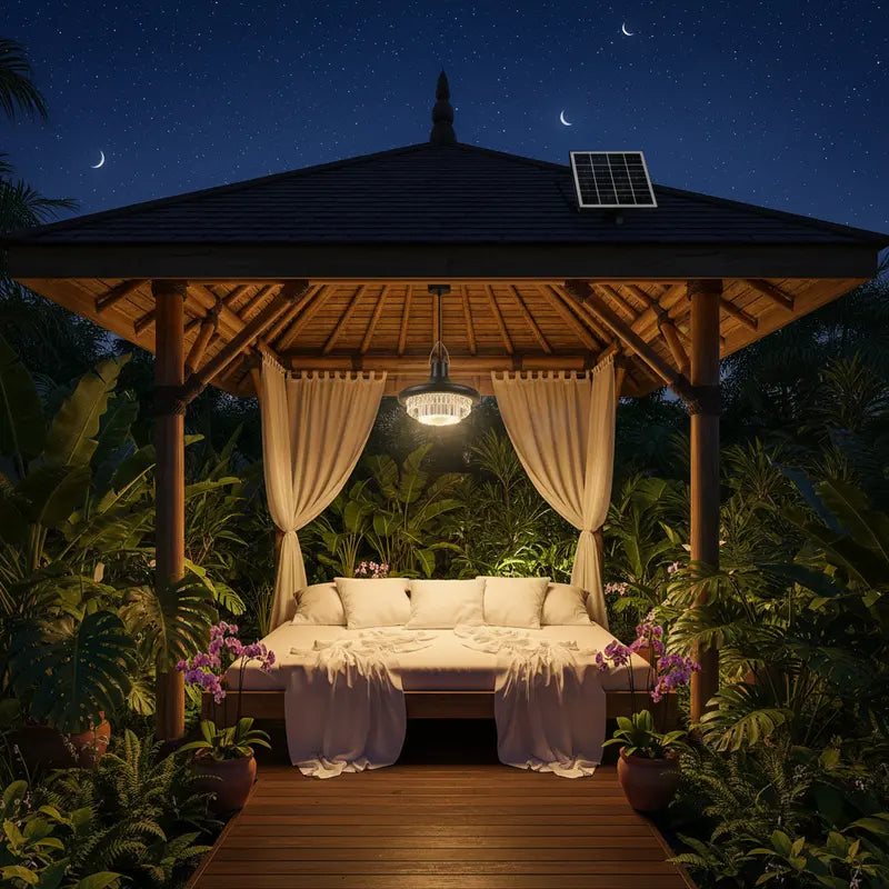 Wooden gazebo with a solar panel at night in a garden setting