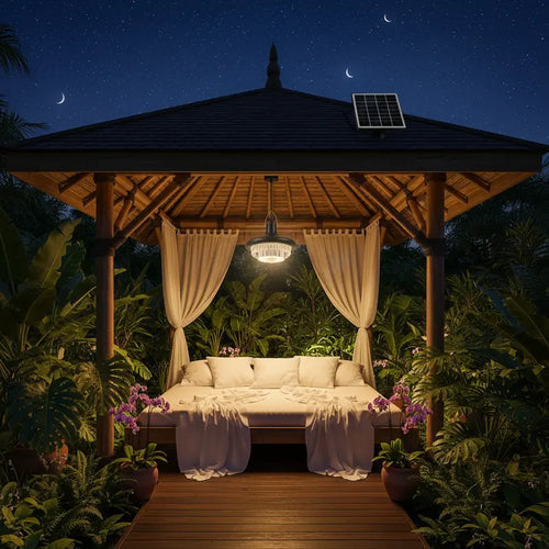 Wooden gazebo with a solar panel at night in a garden setting