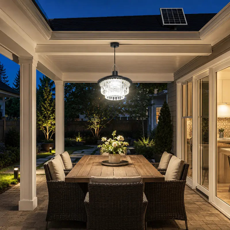 Outdoor patio with wooden table and chairs under a covered area with a chandelier and solar panel.
