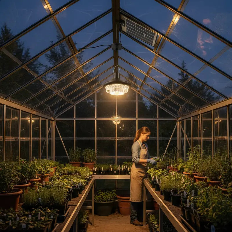Person working in a greenhouse at night with plants and gardening tools.