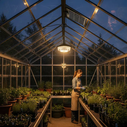 Person working in a greenhouse at night with plants and gardening tools.