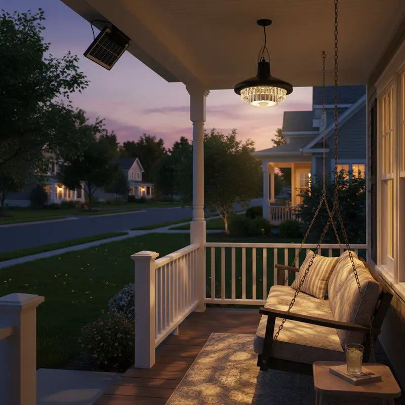 Evening view of a porch with a swing and chandelier, surrounded by a residential neighborhood.