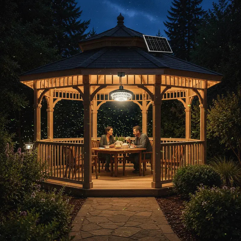 Wooden gazebo with solar panel at night, people sitting inside