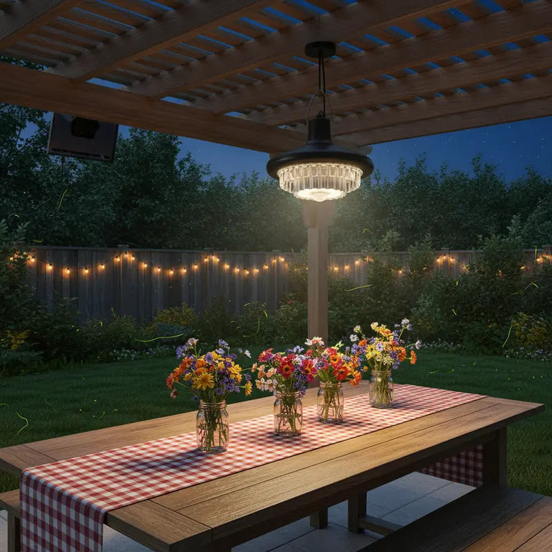 Outdoor setting with a wooden table under a pergola, lit by string lights and a chandelier.