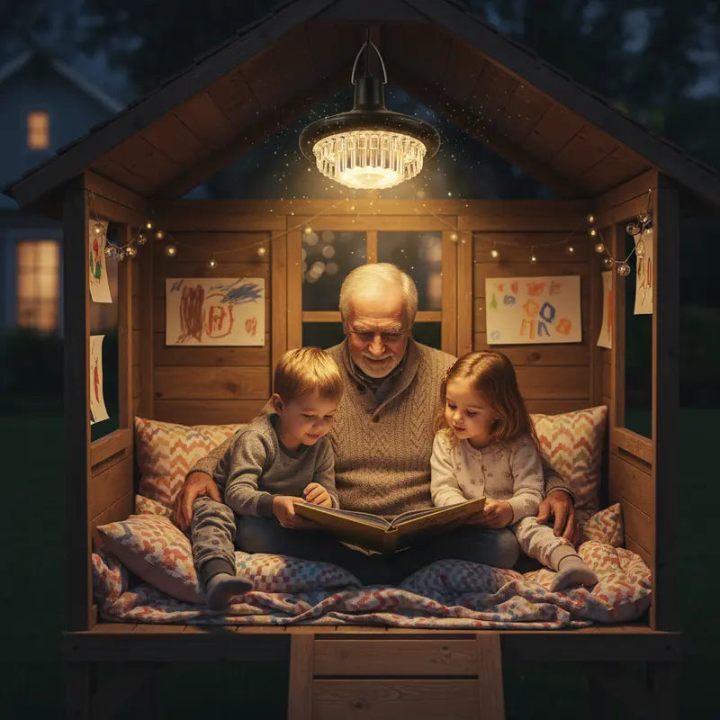 Grandfather and two children reading a book inside a wooden playhouse at night.