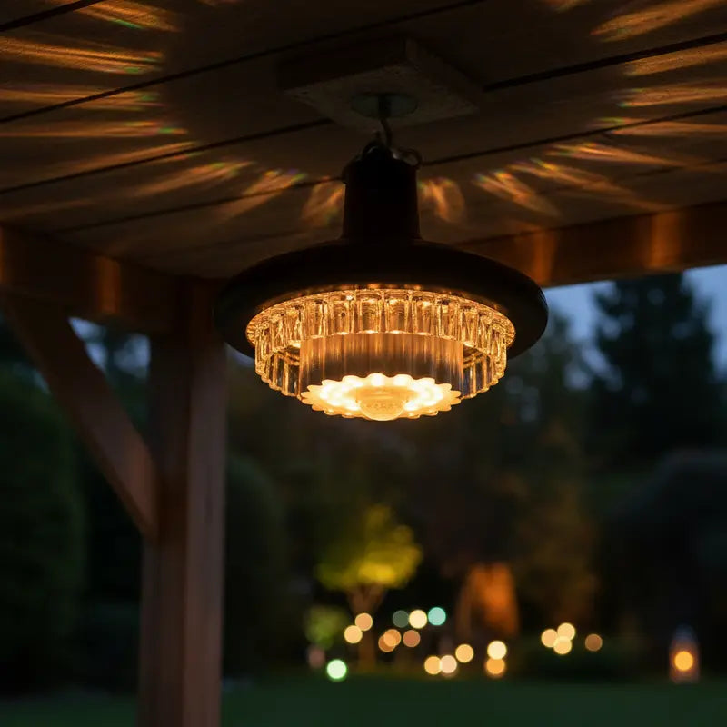 Decorative outdoor light fixture hanging from a wooden pergola at night.
