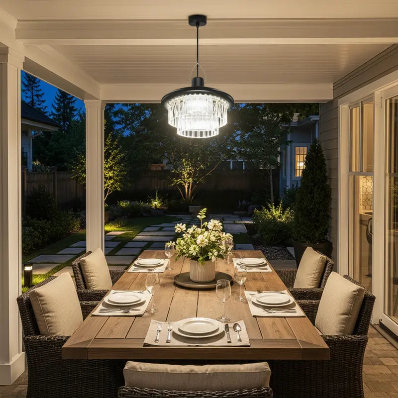 Dining table set for four with a chandelier above, in an outdoor patio setting.