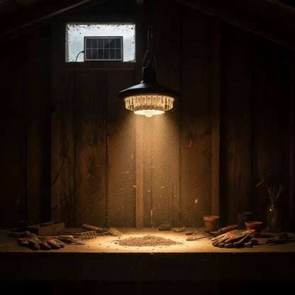 Dark workshop with a hanging light bulb casting a beam of light on a workbench.