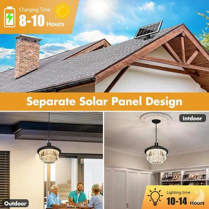 Collage of a house with a solar panel, indoor chandelier, and outdoor scene with people.