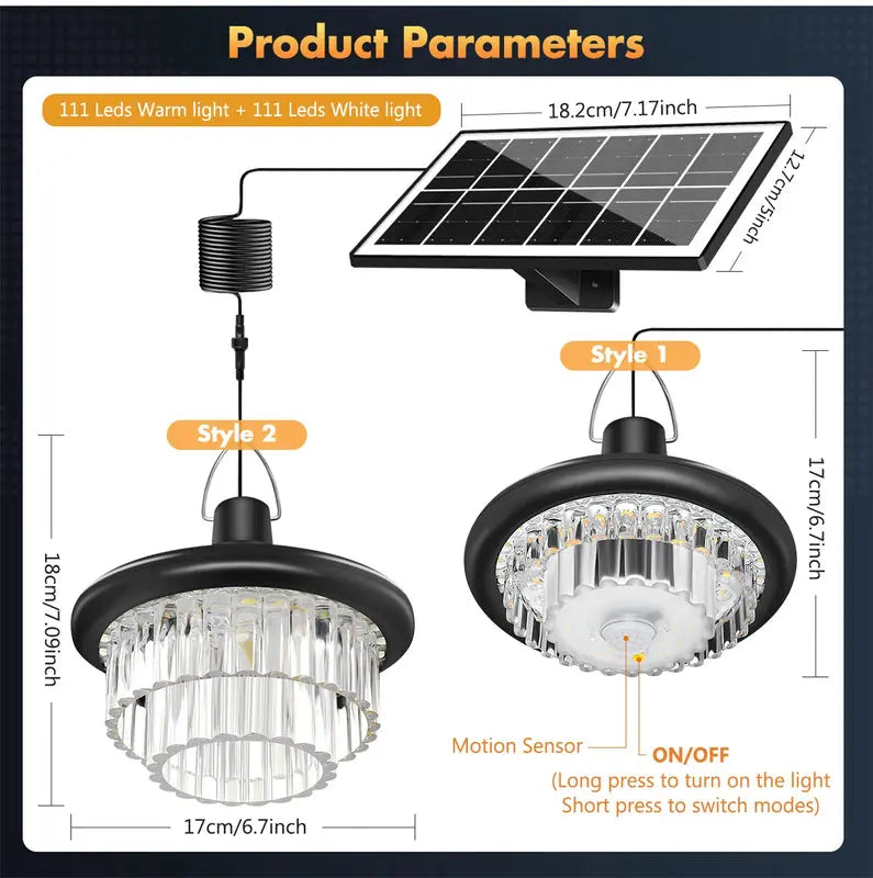 Solar-powered LED light with crystal design, featuring product parameters and features.