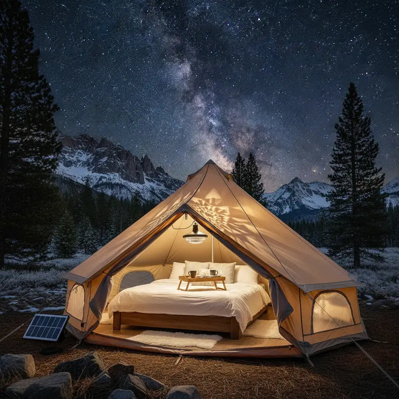 Lit camping tent under a starry sky with mountains in the background