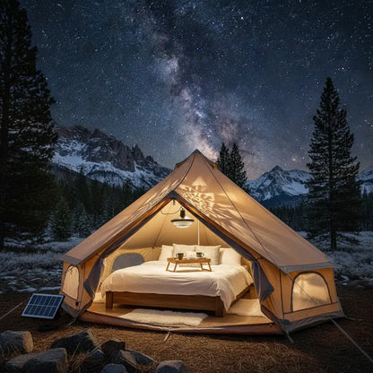 Lit camping tent under a starry sky with mountains in the background