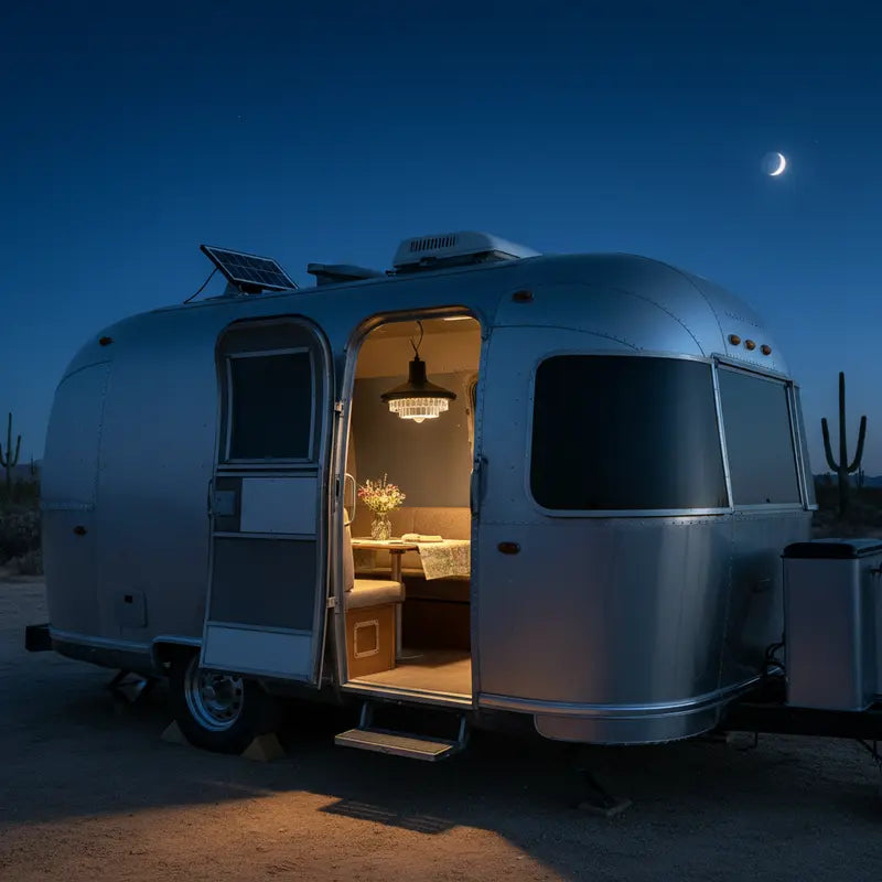 Silver Airstream trailer in a desert setting at night with interior lights on