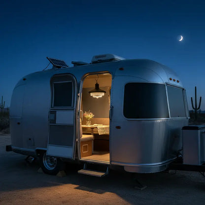 Silver Airstream trailer in a desert setting at night with interior lights on