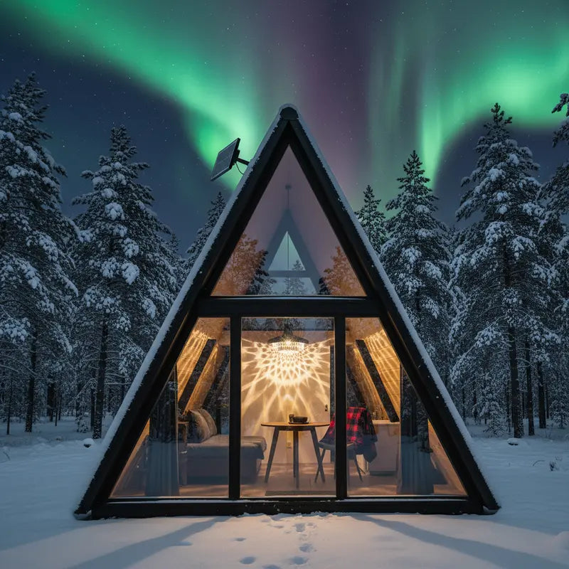 A-frame cabin in a snowy forest with the Northern Lights in the sky