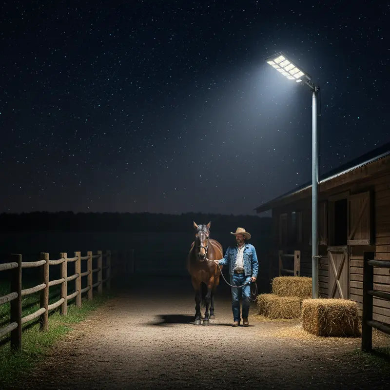 Man leading a horse at night in a barnyard with a streetlight illuminating the scene.