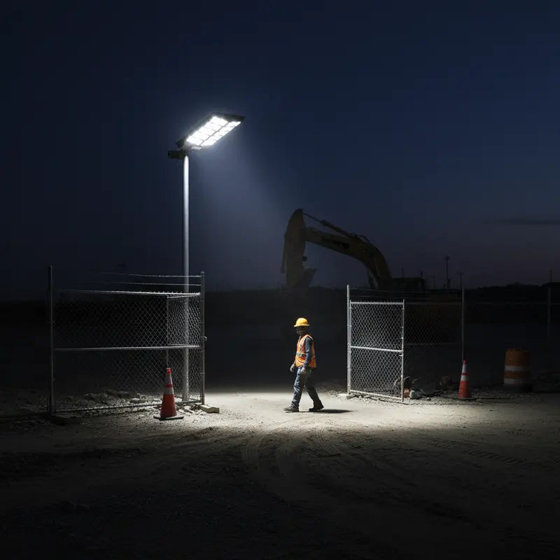 Worker in a construction site illuminated by a single light pole at night.