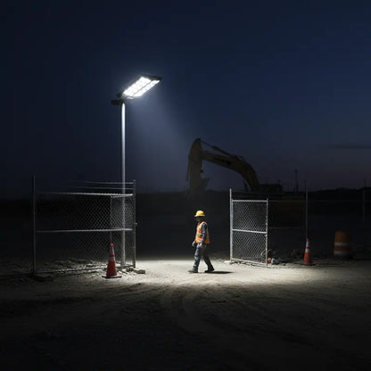 Worker in a construction site illuminated by a single light pole at night.