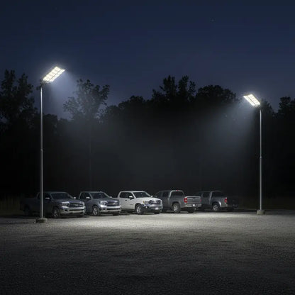 Row of trucks parked under illuminated streetlights at night